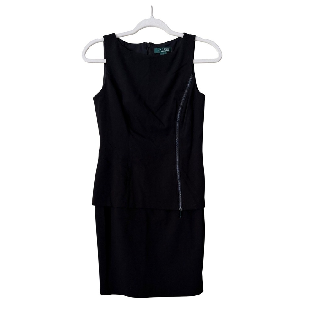 Lauren Ralph Lauren Black Peplum Sheath Dress Asymmetrical Zip 2P Petite